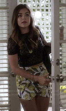 Aria’s leather and mesh crop top and lemon printed skort on Pretty Little Liars