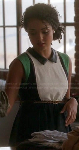 Beth’s colorblock dress with green shoulders and leather collar on Chasing Life