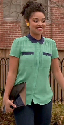 Beth’s green top with blue scalloped collar on Chasing Life
