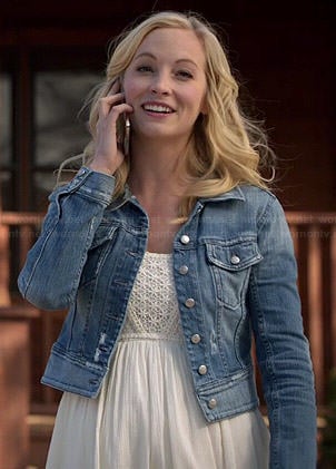 Caroline’s white crochet panel dress and denim jacket on The Vampire Diaries