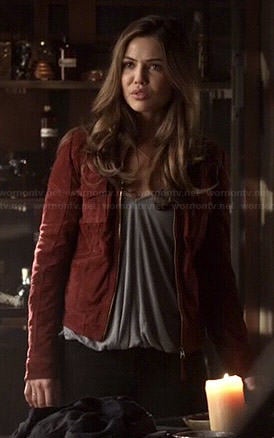 Davina’s red suede jacket and cold shoulder top on The Originals