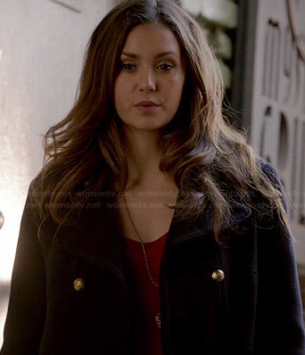 Elena’s navy coat with gold buttons on The Vampire Diaries