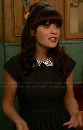 Jess’s dark denim dress with beaded collar on New Girl