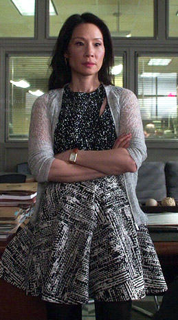 Joan’s black and white printed top and skirt on Elementary