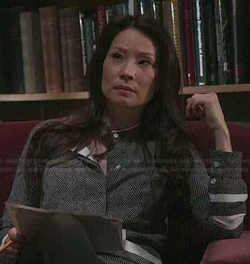 Joan’s grey herringbone dress with white stripes on Elementary