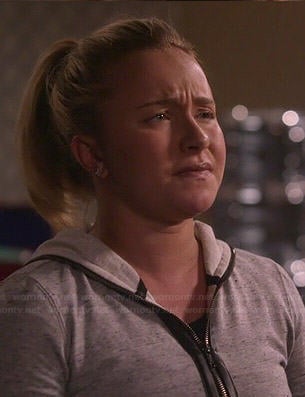 Juliette’s grey hoodie with leather trim on Nashville