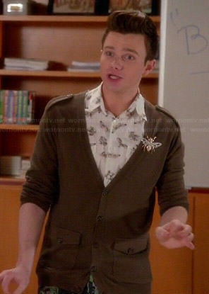 Kurt’s white moth print shirt and army green cardigan on Glee