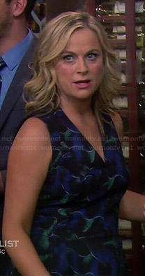 Leslie’s navy and green patterned v-neck dress on Parks and Recreation