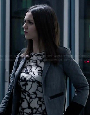 Lindy’s white and black patterned front sweater and blazer on Eye Candy