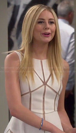 Maddie’s white mesh striped dress on Cristela