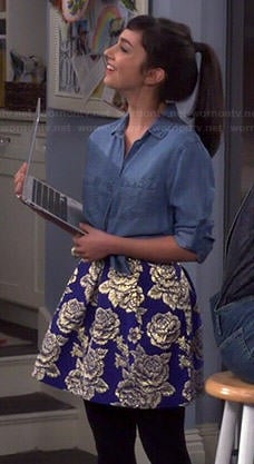 Mandy’s denim shirt and blue rose print skirt on Last Man Standing