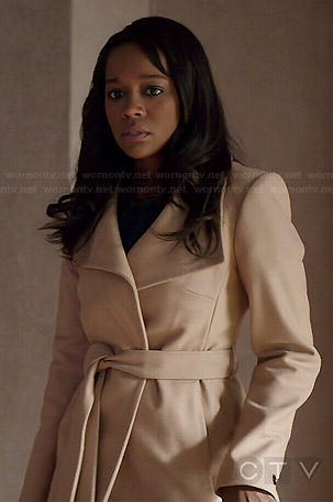 Michaela’s camel belted coat on How to Get Away with Murder