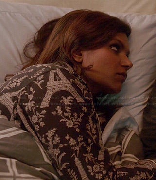 Mindy’s black Eiffel Tower print pajamas on The Mindy Project