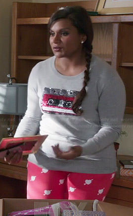 Mindy’s sequin cassette tape sweater and heart sweatpants on The Mindy Project