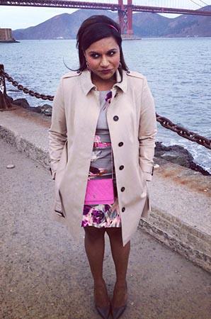 Mindy’s grey floral dress and trench coat on The Mindy Project