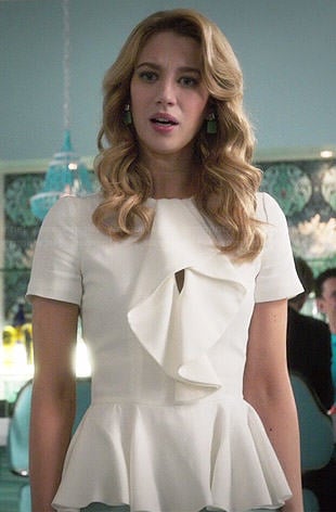 Petra’s white ruffled front peplum top on Jane the Virgin