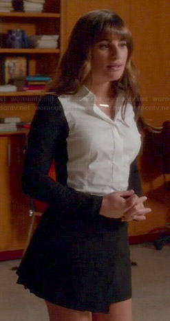 Rachel’s black and white colorblock button front shirt and pleated skirt on Glee