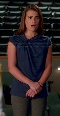Rachel’s blue twist neck top on Glee