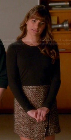 Rachel’s black sweater and asymmetric zip skirt on Glee