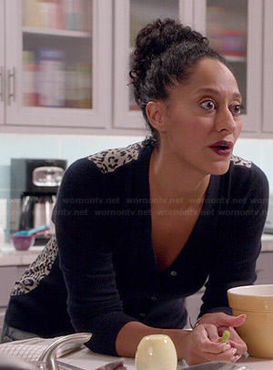 Rainbow’s navy blue cardigan with leopard print back on Black-ish