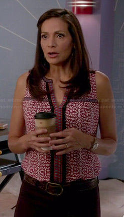 Regina’s red printed sleeveless top on Switched at Birth