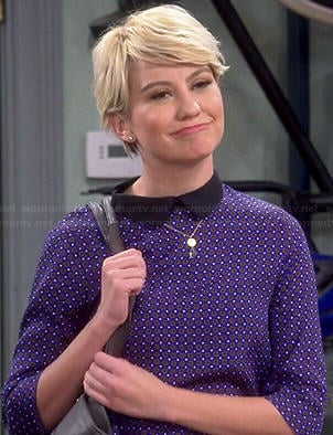 Riley’s blue buttoned back top with black collar on Baby Daddy