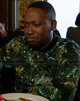 Winston’s green palm leaf bomber jacket on New Girl