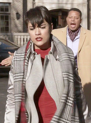 Anika’s red dress, grey satin sleeve trench coat and hounstooth scarf on Empire