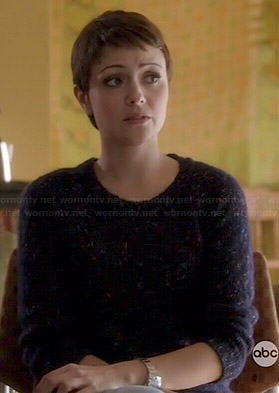 April’s blue flecked sweater on Chasing Life