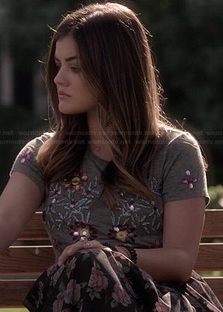 Aria’s grey floral beaded top and rose print skirt on Pretty Little Liars
