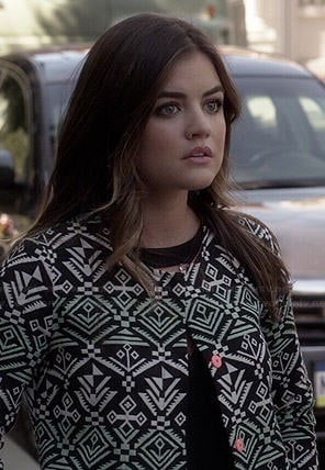 Aria’s geometric print coat and black cutout top on Pretty Little Liars