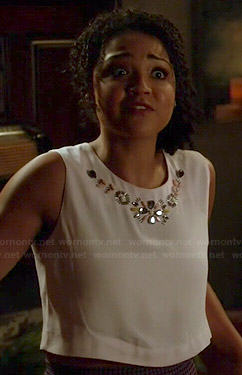 Beth’s white embellished crop top on Chasing Life