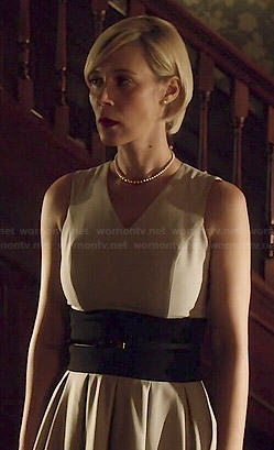 Bonnie’s beige v-neck dress with black waist on How to Get Away with Murder