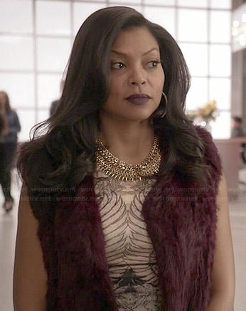 Cookie’s printed dress and burgundy fur vest on Empire