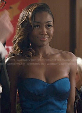 Daisy’s blue strapless peplum gown on Madam Secretary