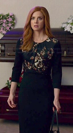 Donna’s black floral panel dress on Suits
