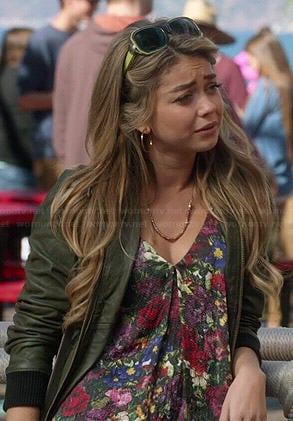 Haley’s floral top and olive green leather bomber jacket on Modern Family