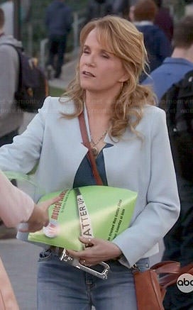 Kathryn’s baby blue notched jacket on Switched at Birth