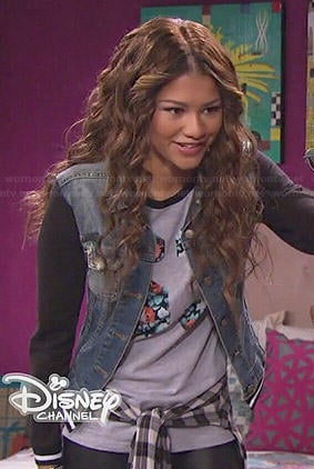 KC’s denim varisty jacket with black sleeves on KC Undercover