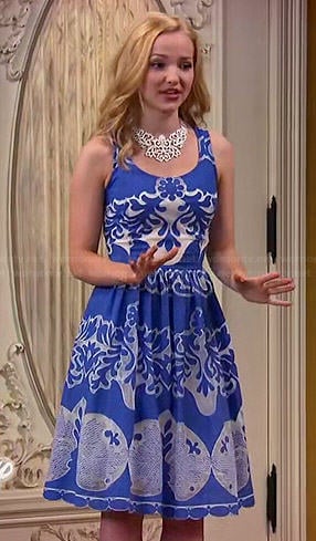 Liv’s blue and white patterned dress and yellow wedges on Liv and Maddie