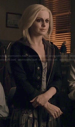 Liv’s grey floral dress and black leather denim-style jacket on iZombie