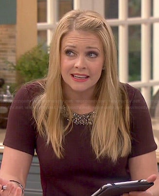 Mel’s burgundy top with embellished neckline on Melissa and Joey