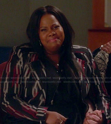 Mercedes’s black and red painted striped moto jacket on Glee