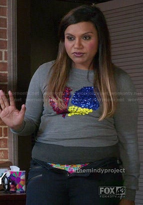 Mindy’s embellished heart sweater on The Mindy Project