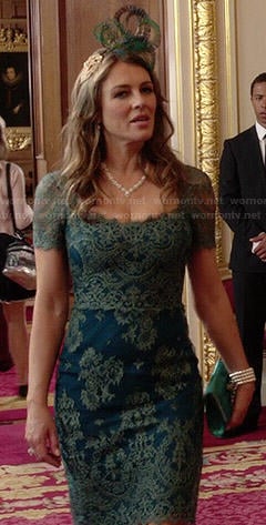 Queen Helena’s blue and green lace dress on The Royals