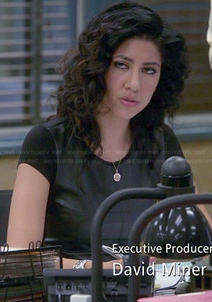 Rosa’s black leather front tee on Brooklyn Nine-Nine