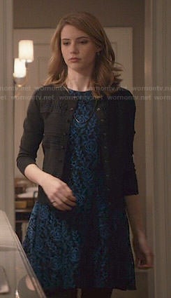 Stevie’s blue and black floral lace dress on Madam Secretary