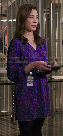 Angela’s purple printed v-neck dress on Bones