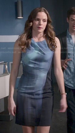 Caitlin’s blue printed dress with black panel on The Flash