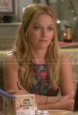 Caryn’s green floral embroidered dress on Weird Loners